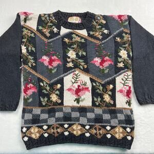 Crystal-Kobe Vintage Women's Sweater Black Pink Floral Design Size Large